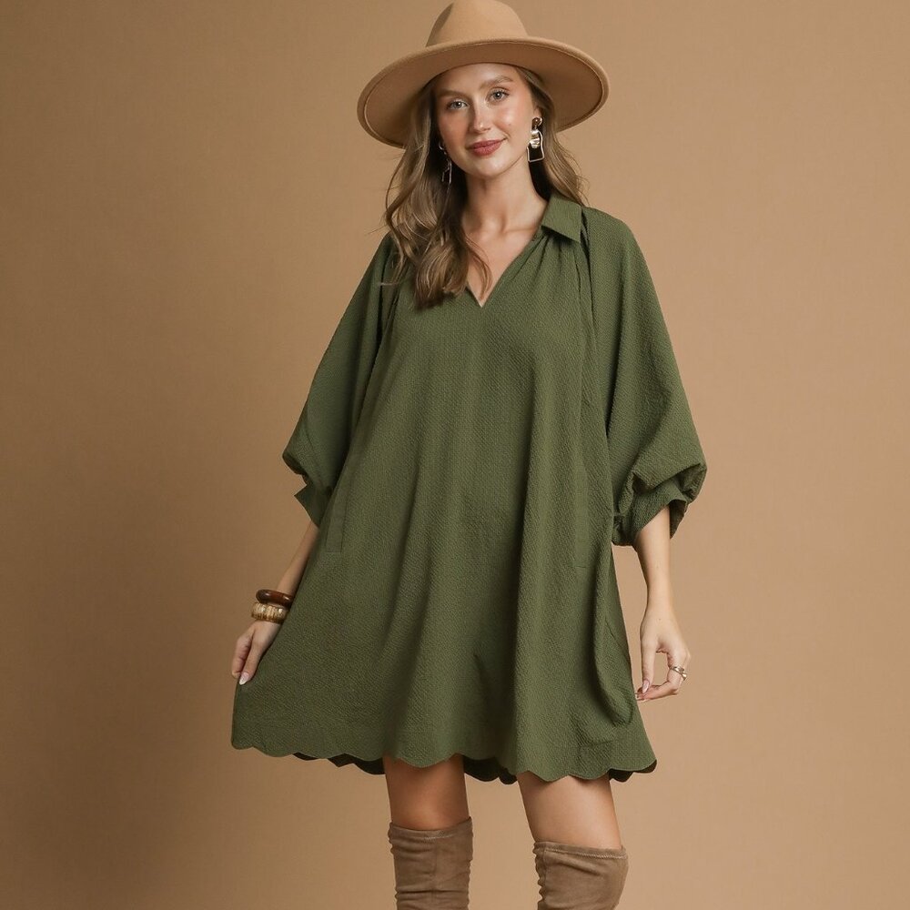 UMGEE OLIVE GREEN TEXTURED PUFF SLEEVE MINI DRESS